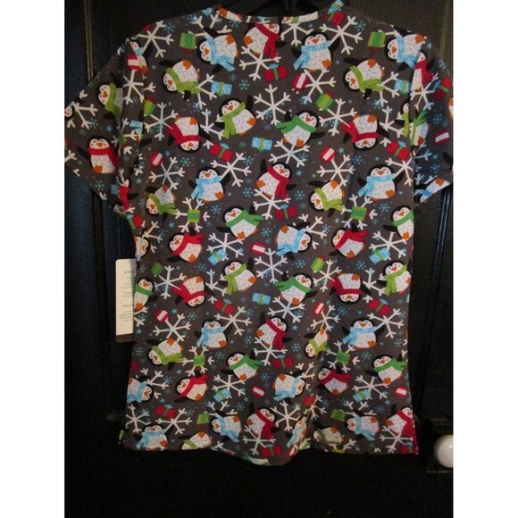 Elite Med Penguin Snowflake Holiday Christmas Scrub Top Size Small S - Picture 2 of 4